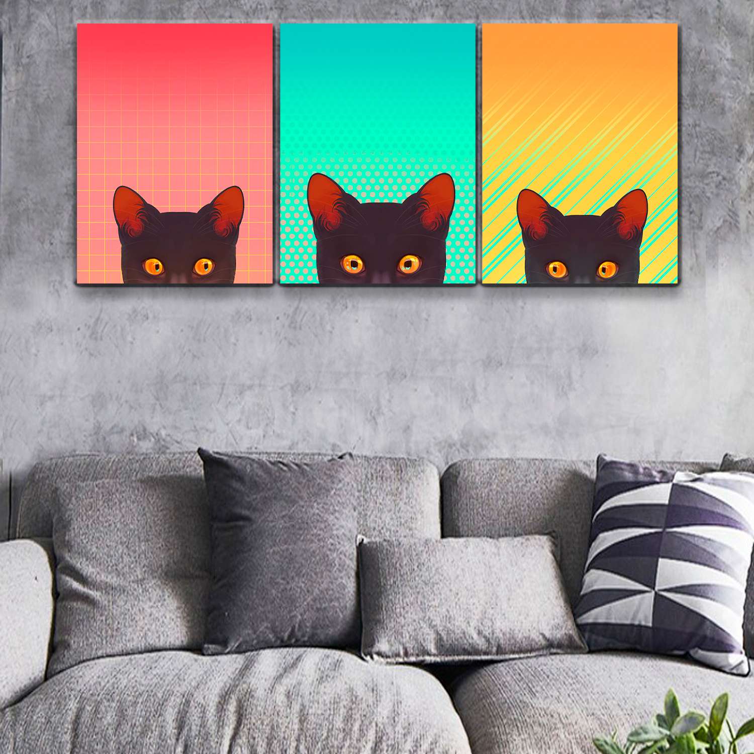 Комплект картин на холсте LORI Интерьерные на стену 3 в 1 Черные коты 40х30 см - фото 2