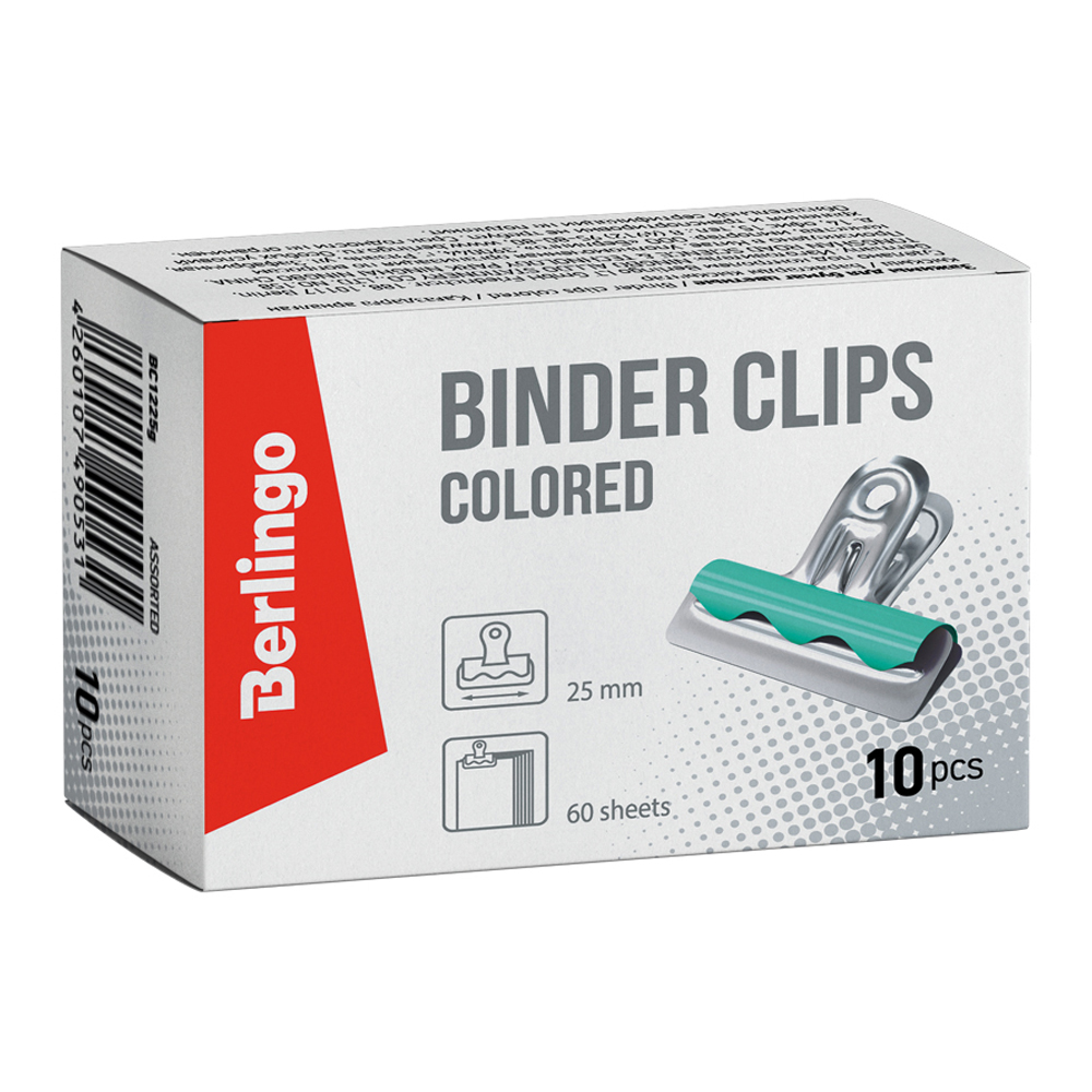 Зажимы-бульдоги для бумаг Berlingo 25 мм 10 шт цветные картонная коробка - фото 1