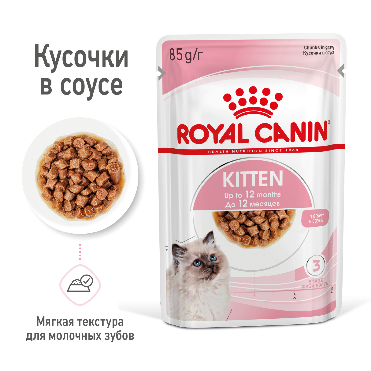 Корм влажный для котят ROYAL CANIN Kitten 85г кусочки в соусе 77851 купить  по цене 77.7 ₽ с доставкой в Москве и России, отзывы, фото