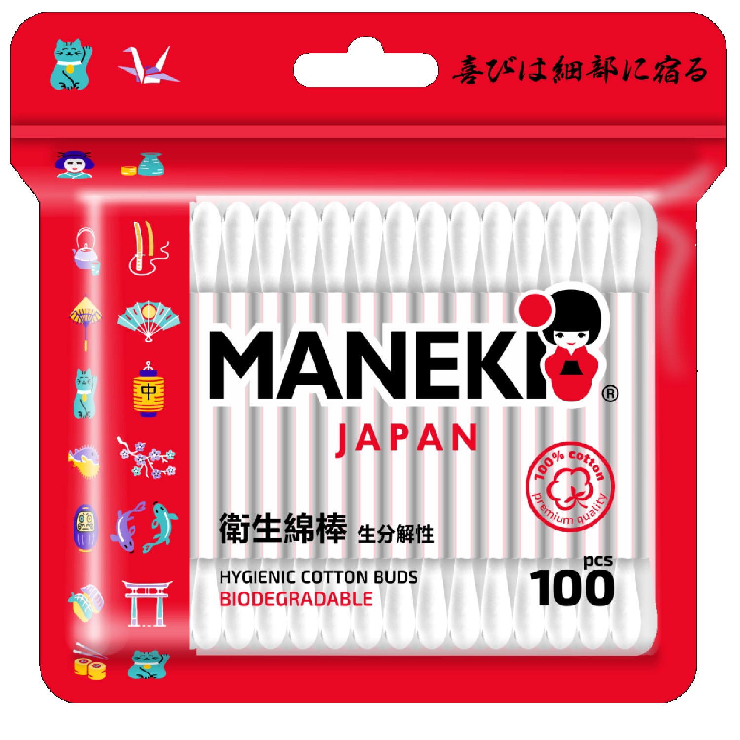 Палочки ватные Maneki Red с белым бумажным стиком 100 шт - фото 1