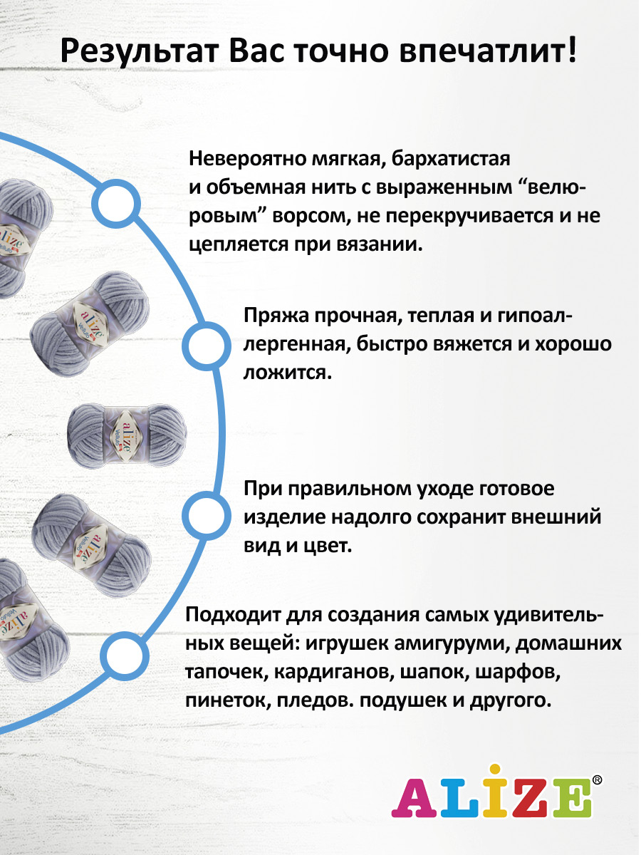 Пряжа для вязания Alize velluto 100 гр 68 м микрополиэстер мягкая велюровая 87 угольно-серый 5 мотков - фото 4