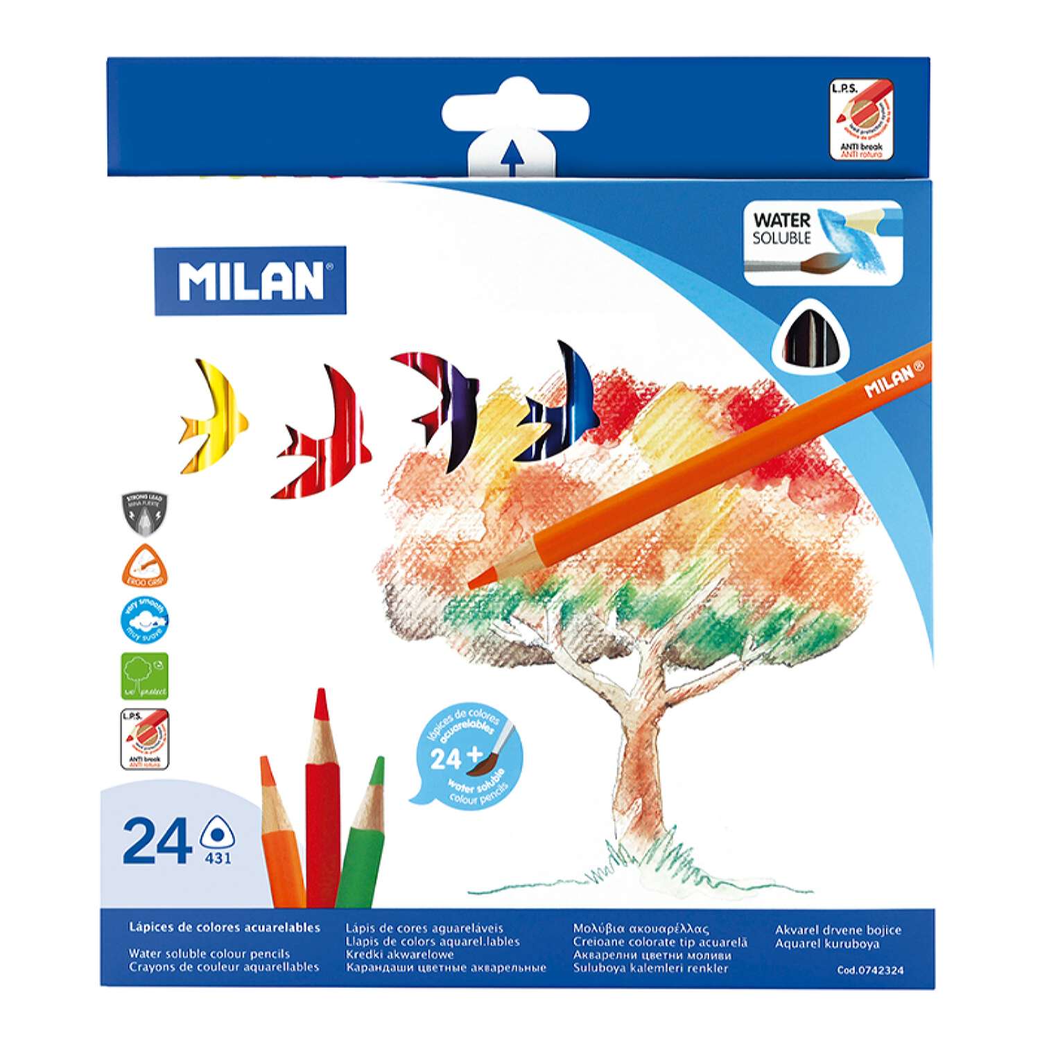 Набор цветных карандашей MILAN акварельных 24 цвета и кисть трехгранный корпус в картонной упаковке - фото 1