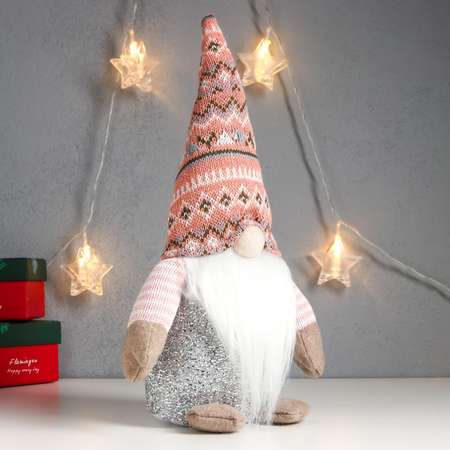 Кукла интерьерная Зимнее волшебство «Дед Мороз светящийся нос в розовом колпаке с узорами» 33х17х12 см