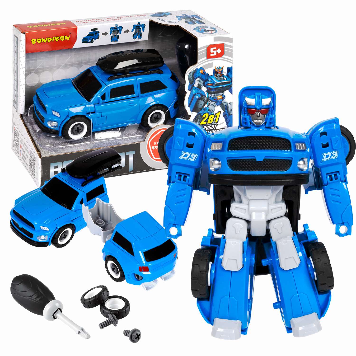 Трансформер BONDIBON Bondibot Робот-автомобиль с отвёрткой 2 в 1 джип синего цвета - фото 1