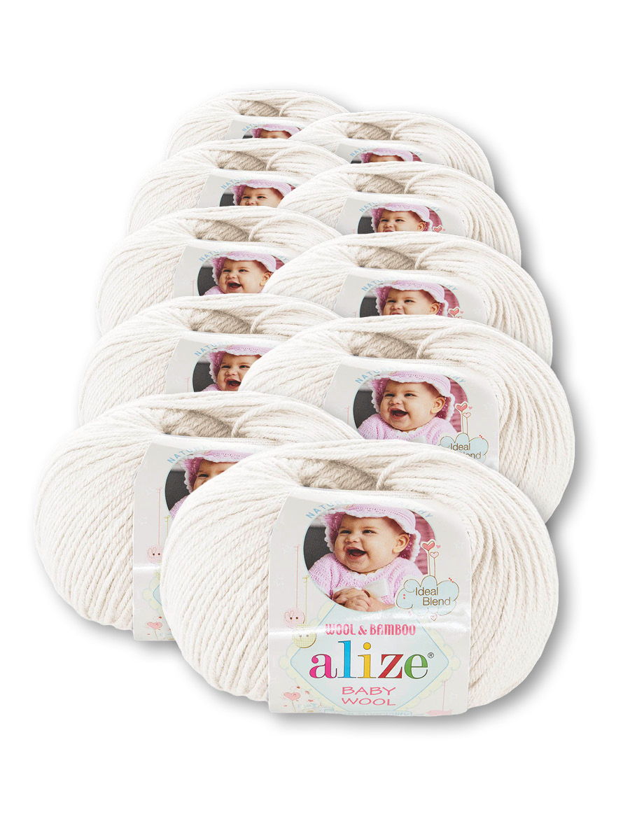 Пряжа для вязания Alize baby wool бамбук шерсть акрил мягкая 50 гр 175 м 62 молочный 10 мотков - фото 2