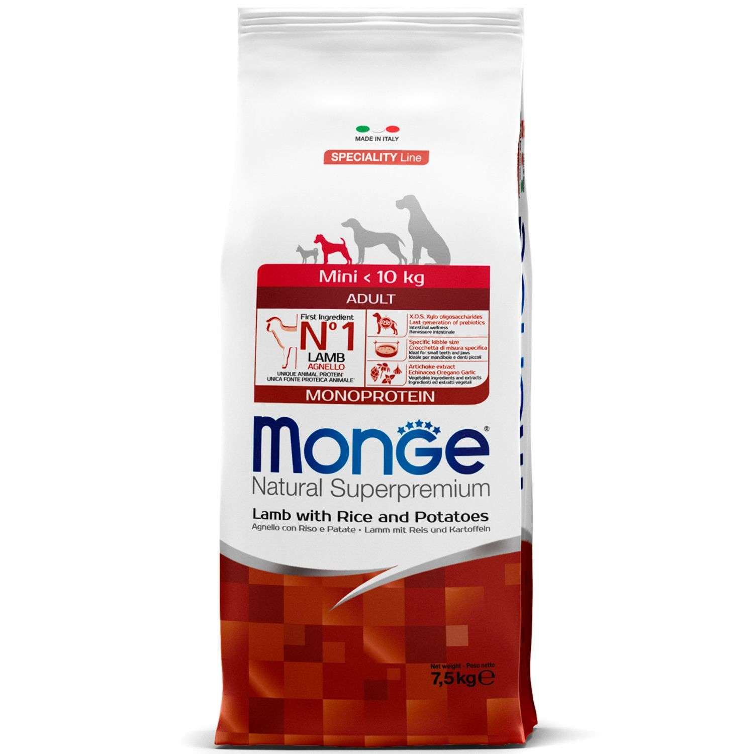 Корм для собак MONGE Monoprotein Mini мелких пород ягненок с рисом и картофелем 7.5кг - фото 1