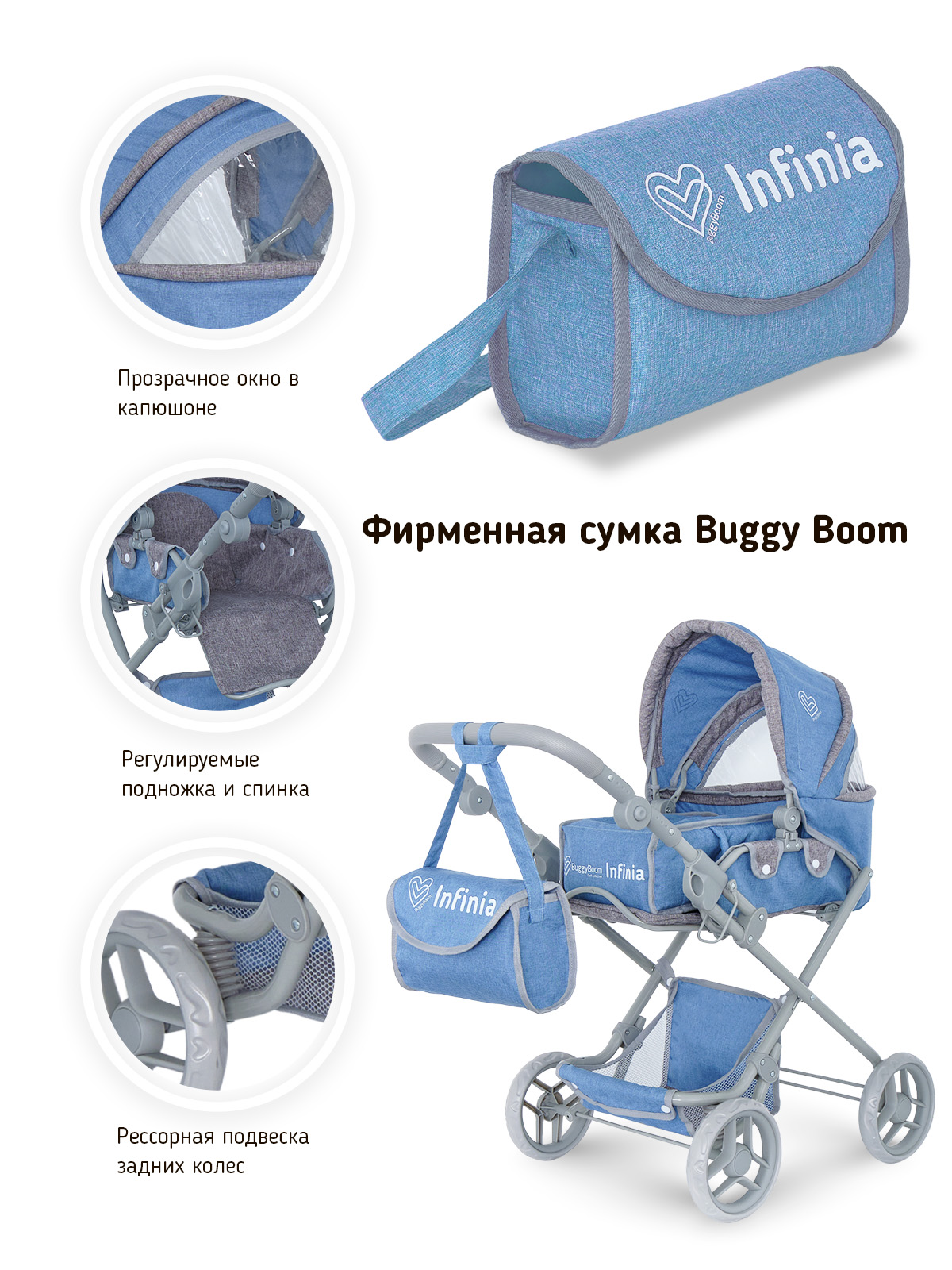 Коляска для кукол трансформер Buggy Boom с сумкой и люлькой голубая 8456-2206 - фото 6