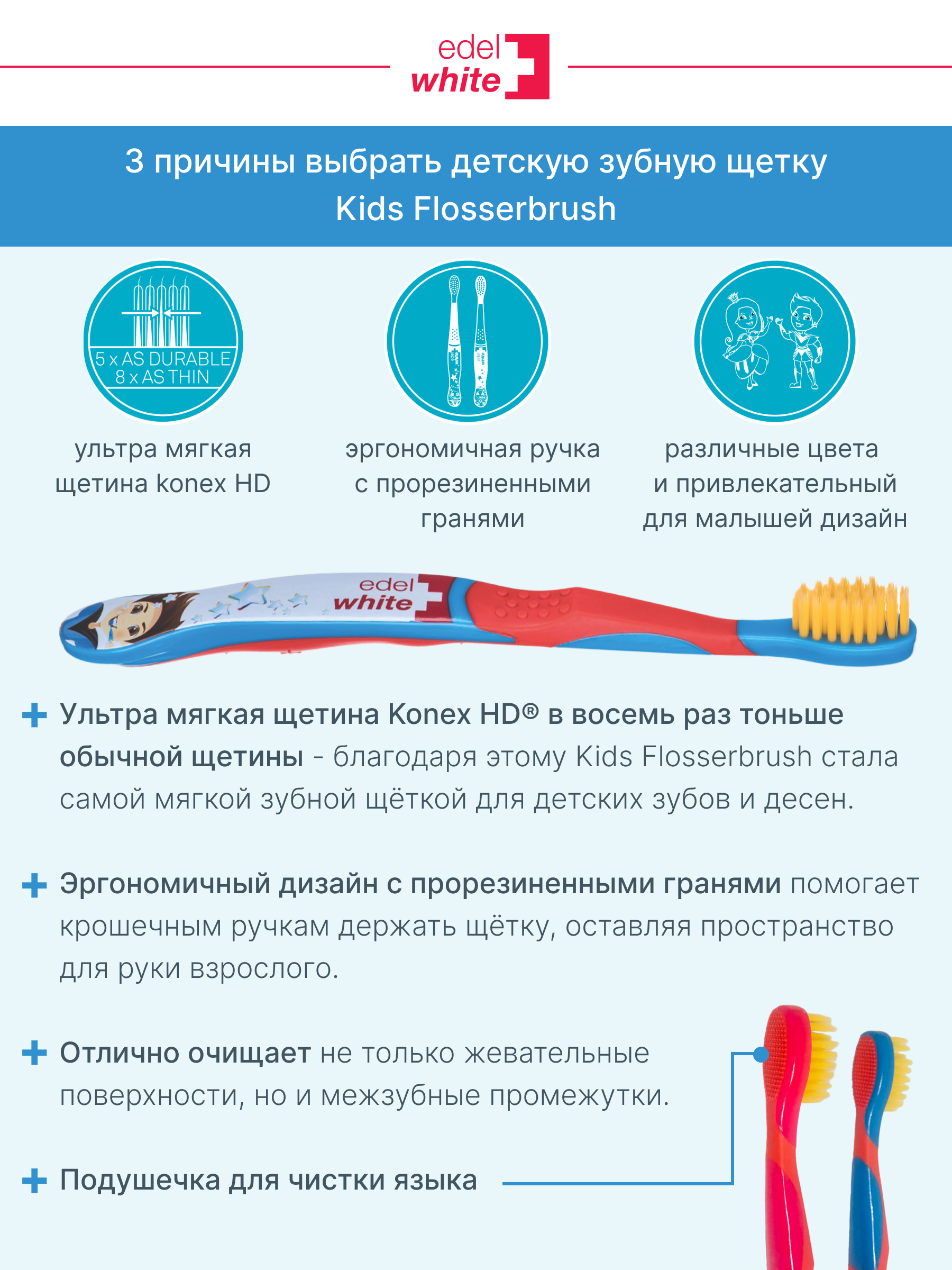 Детская зубная щетка edel+white Flosserbrush Ультрамягкая с защитным колпачком От 0 до 8 лет - фото 3