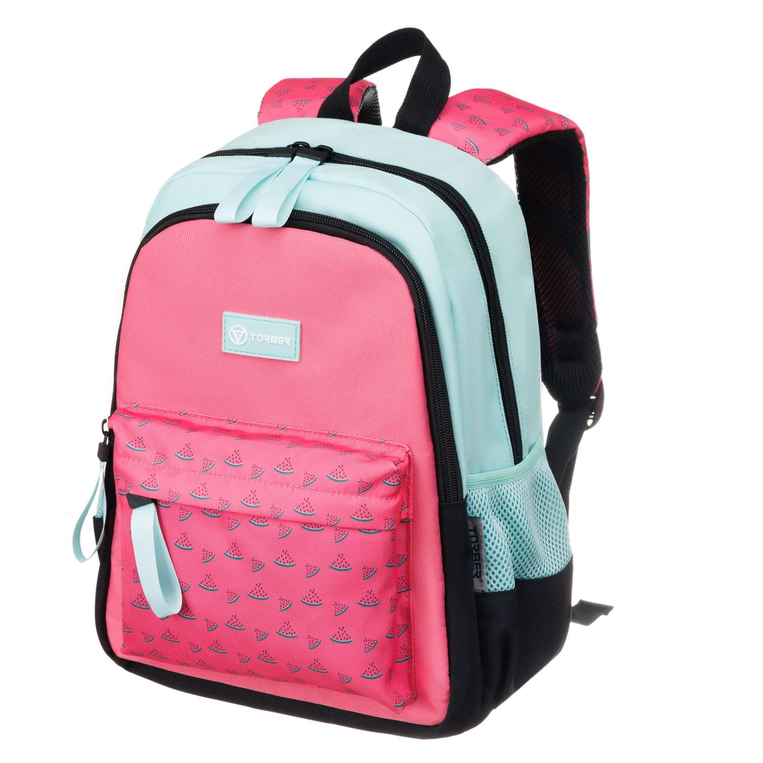 Рюкзак TORBER CLASS X Mini розовый зелёный с орнаментом и Мешок для сменной обуви - фото 2