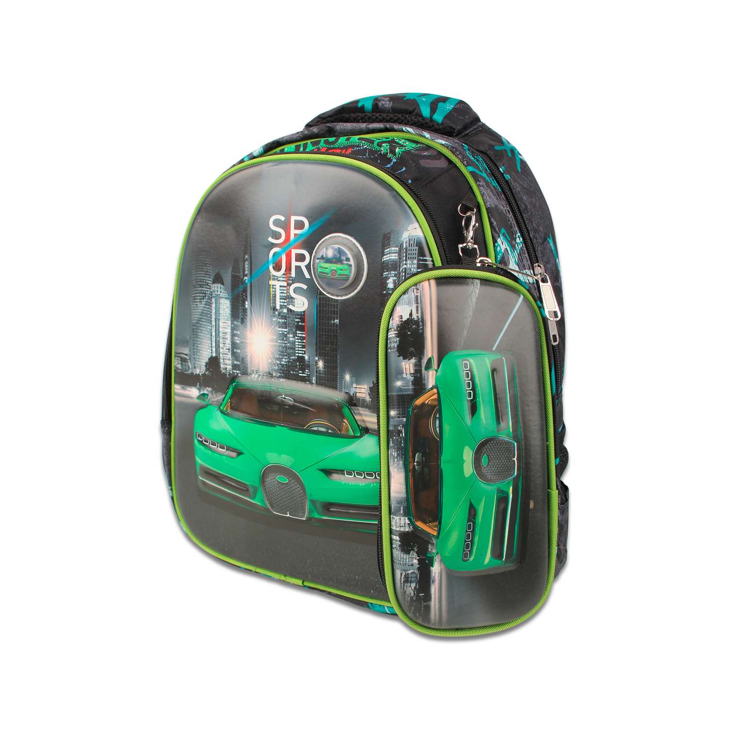 Рюкзак школьный с пеналом Little Mania Машина зеленый - фото 3
