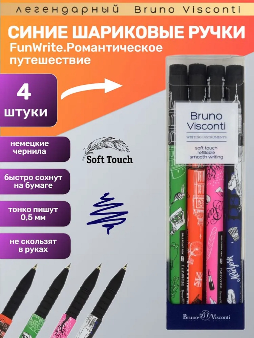 Набор из 4-х шариковых ручек Bruno Visconti FunWrite Романтическое путешествие синие - фото 1