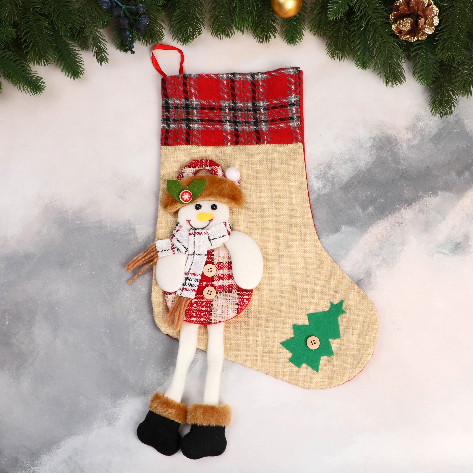Носок Зимнее волшебство для подарков «Снеговик с длинными ножками ёлочка» 26х39 см бежевый - фото 1