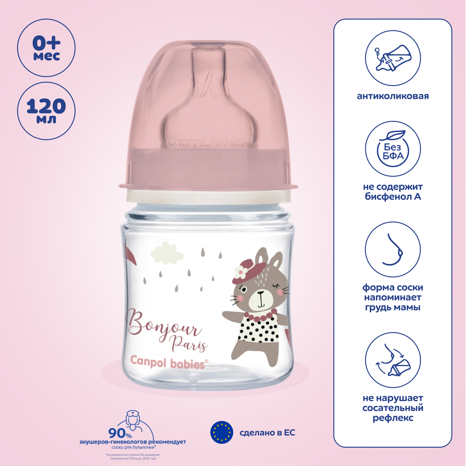 Бутылочка Canpol Babies PP Easy Start Bonjour Paris антиколиковая с широким горлом 120мл Розовая - фото 1