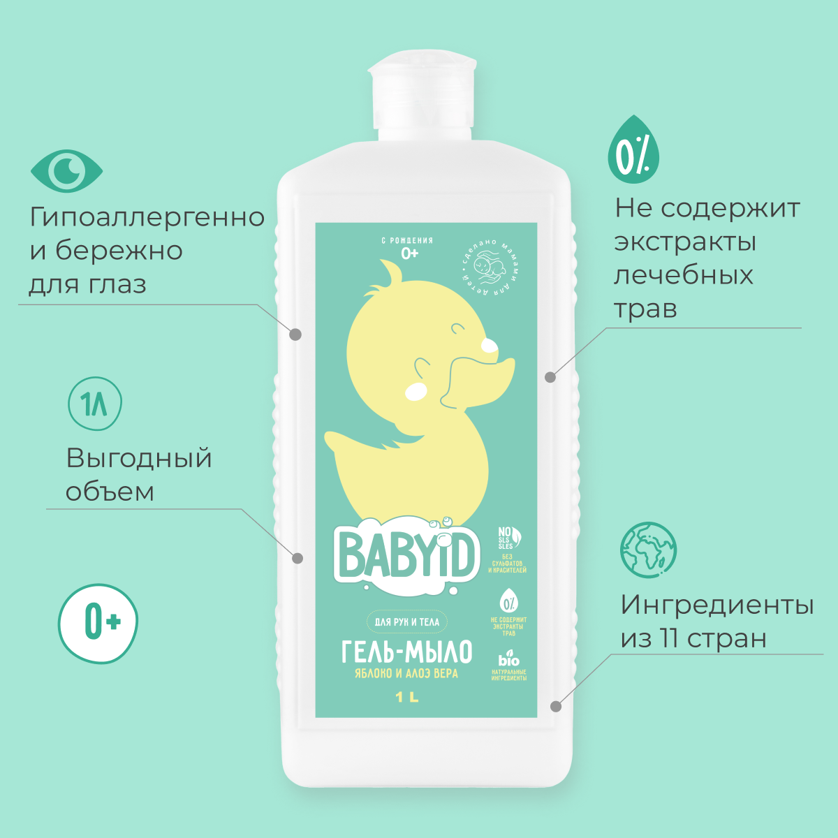 Детское гель-мыло BABYiD алоэ вера и пантенол без сульфатов 1 литр - фото 5