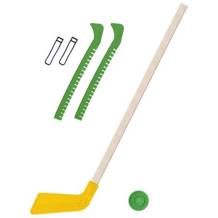Набор для хоккея Задира Клюшка хоккейная детская жёлтая 80 см + шайба + Чехлы для коньков зеленые