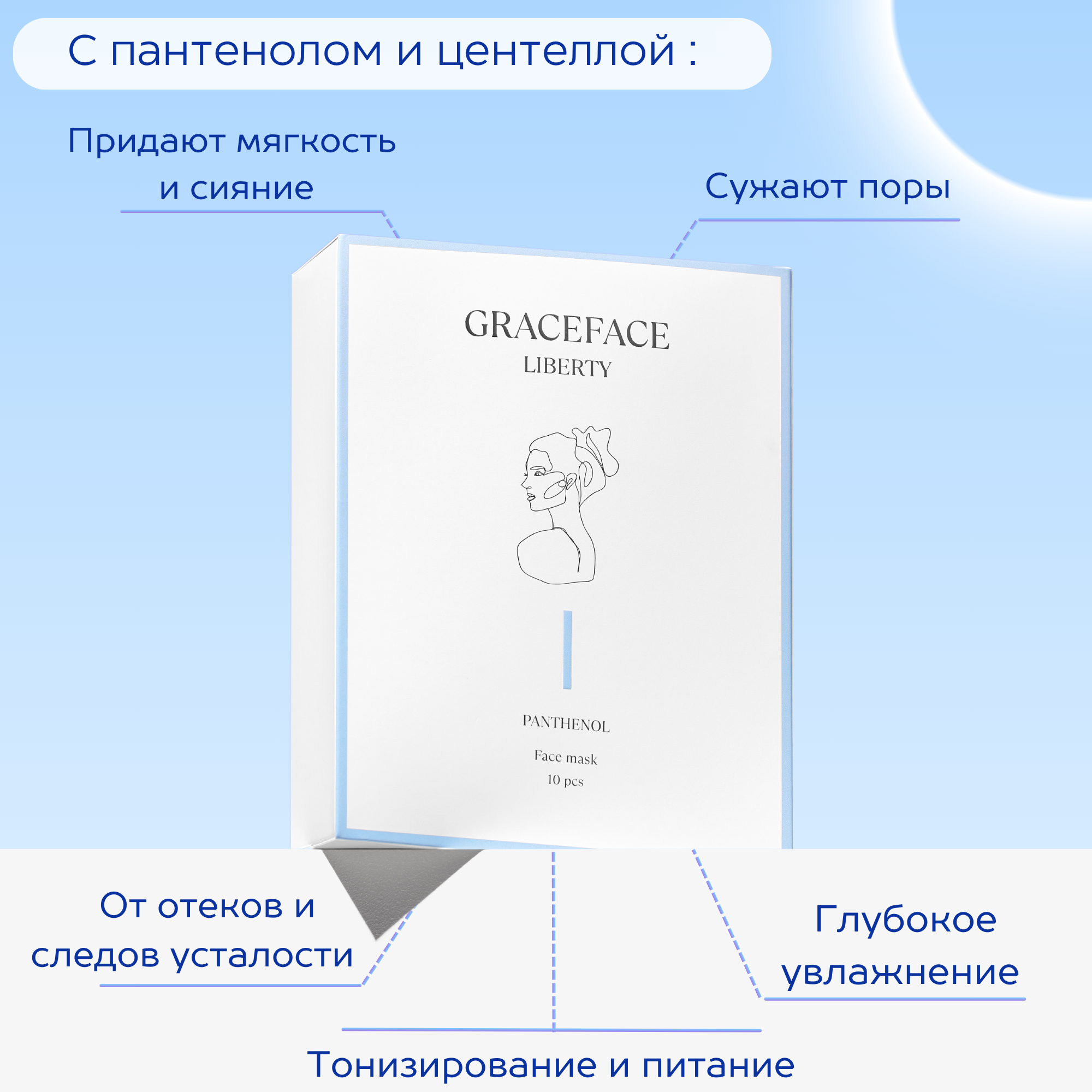 Набор тканевых масок для лица GraceFACE увлажняющие с пантенолом и экстрактом центеллы 10 шт - фото 2