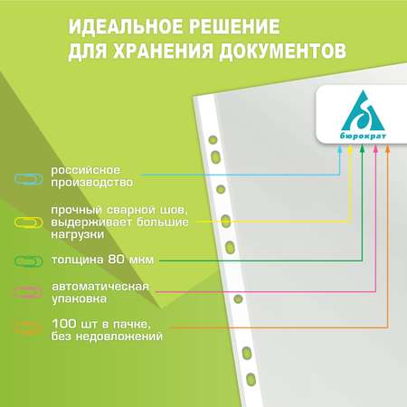 Файлы-вкладыши Бюрократ глянцевые А4+ 80мкм упак.100шт