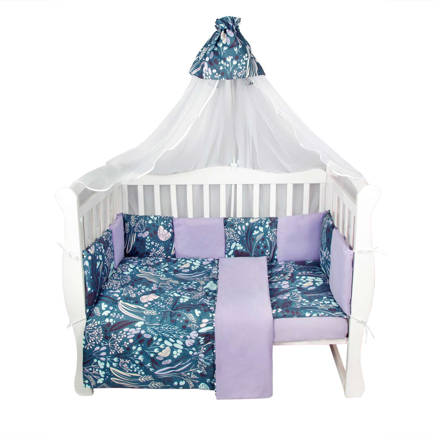 Комплект Premium AmaroBaby в кроватку 18 предметов: 6 + 12 подушек-бортиков Flower dreams фиолетовый - фото 1