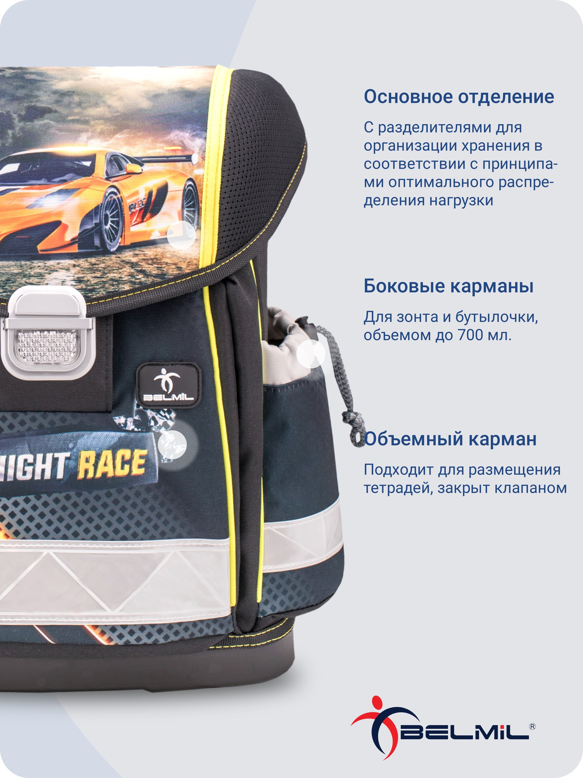 Школьный ранец BELMIL Classy MIDNIGHT RACE с наполнением серия 403-13-19-SET - фото 6