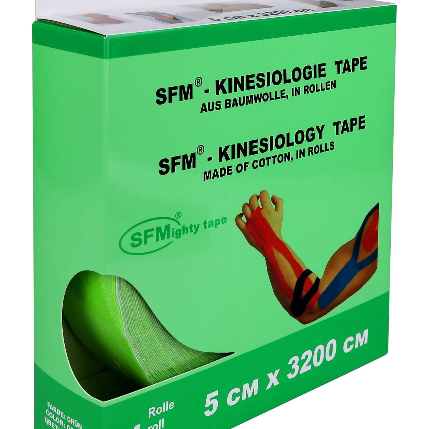 Кинезиотейп SFM Hospital Products Plaster на хлопковой основе 5х3200 см зеленого цвета в диспенсере с логотипом - фото 1
