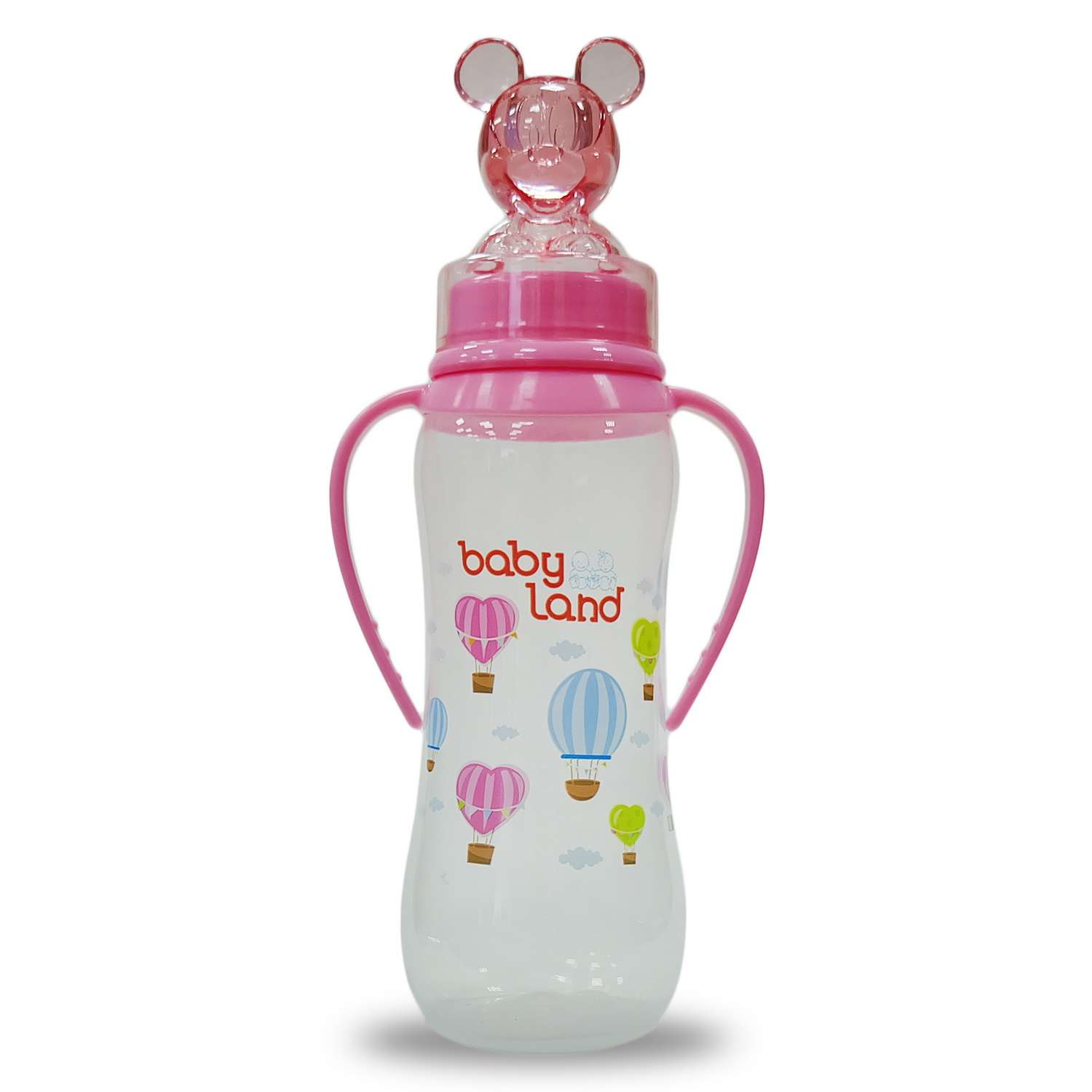 Бутылочка Baby Land с ручками и колпачком-игрушкой 240мл с силиконовой соской Air System розовый - фото 1