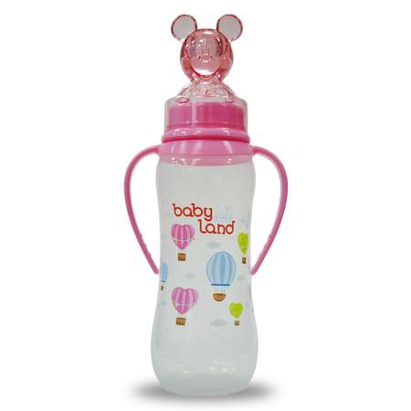 Бутылочка Baby Land с ручками и колпачком-игрушкой 240мл с силиконовой соской Air System розовый