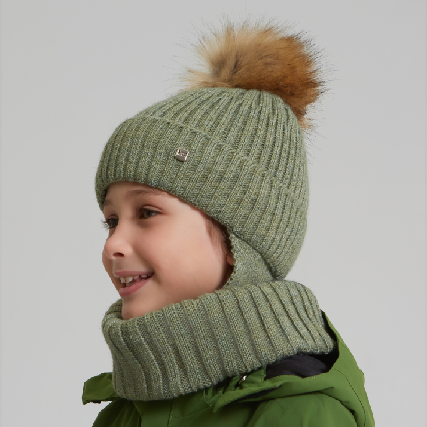 Шапка и снуд NYCkids NYC-H-112-FurPomREB-olive - фото 6