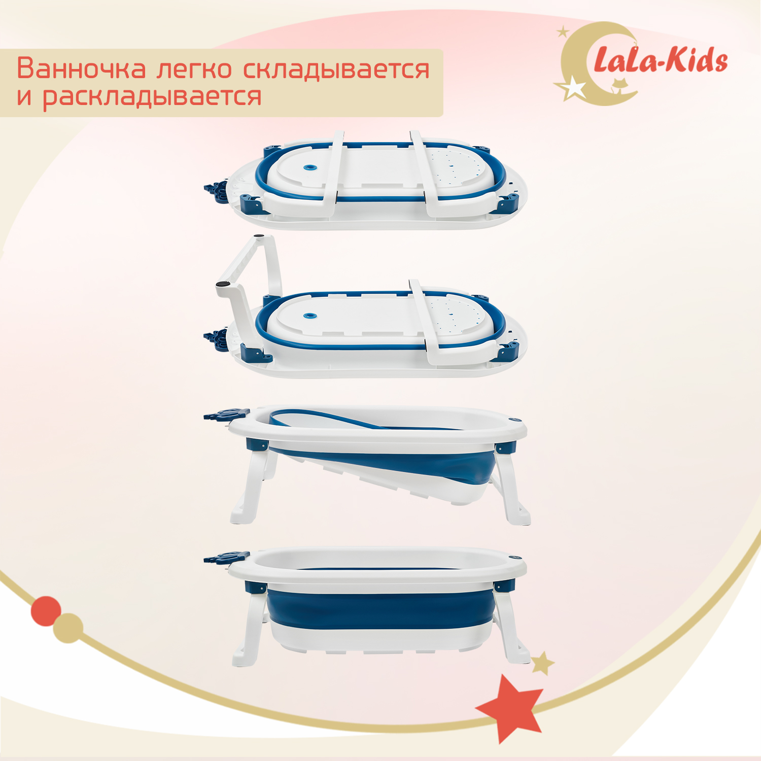 Ванночка для новорожденных LaLa-Kids складная с матрасиком темно-голубым в комплекте - фото 4