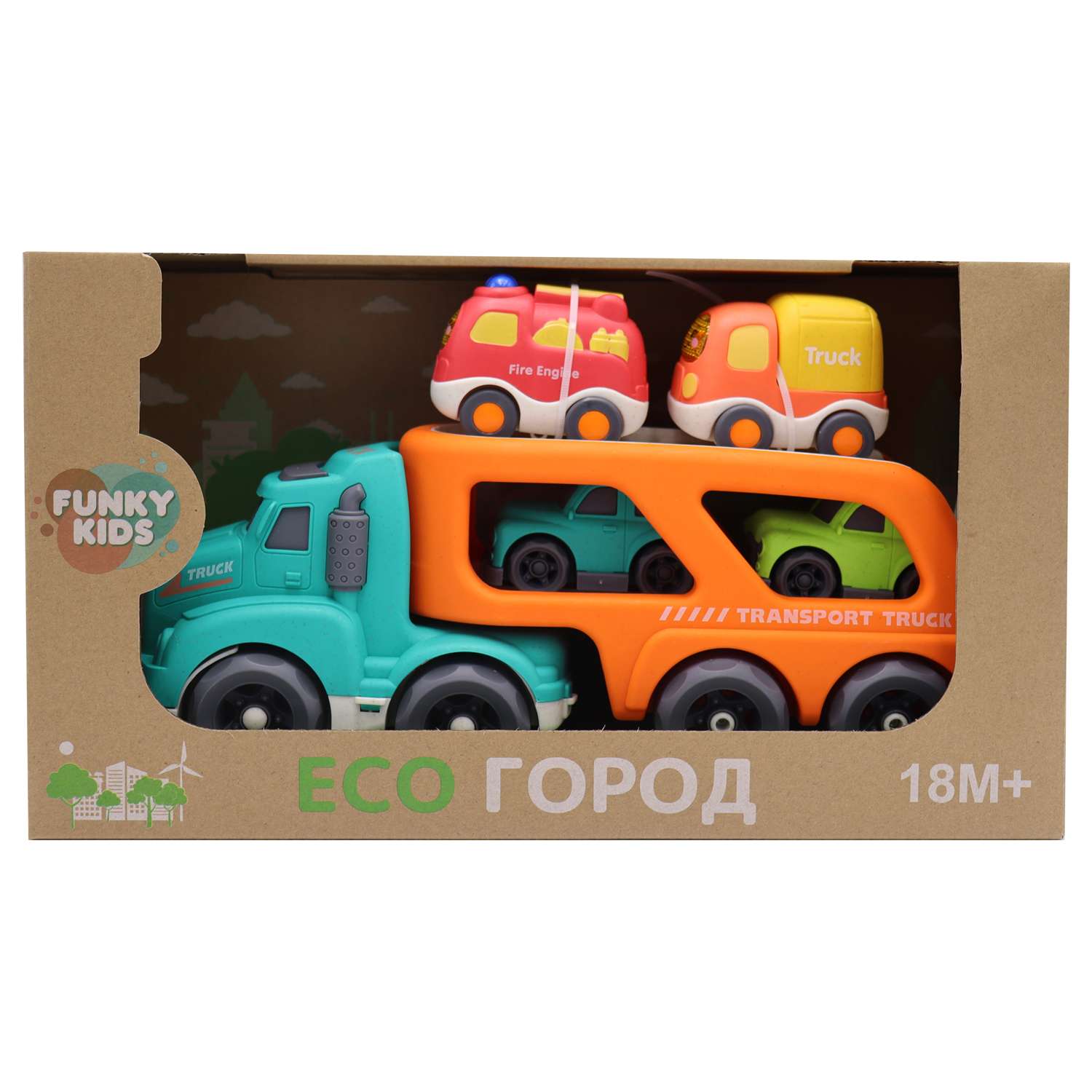 Игрушка Funky Toys Эко-машинка грузовик грузовик с 4 машинками Оранжевый 32 см FT0416367 - фото 2