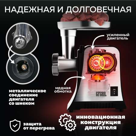 Мясорубка электрическая GFGRIL GF-MG20 2 в 1 с овощерезкой и прессом для бургеров