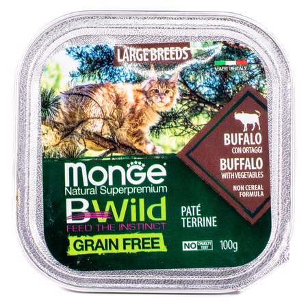 Корм для кошек MONGE BWild Grain free крупных пород из буйвола с овощами консервированный 100г