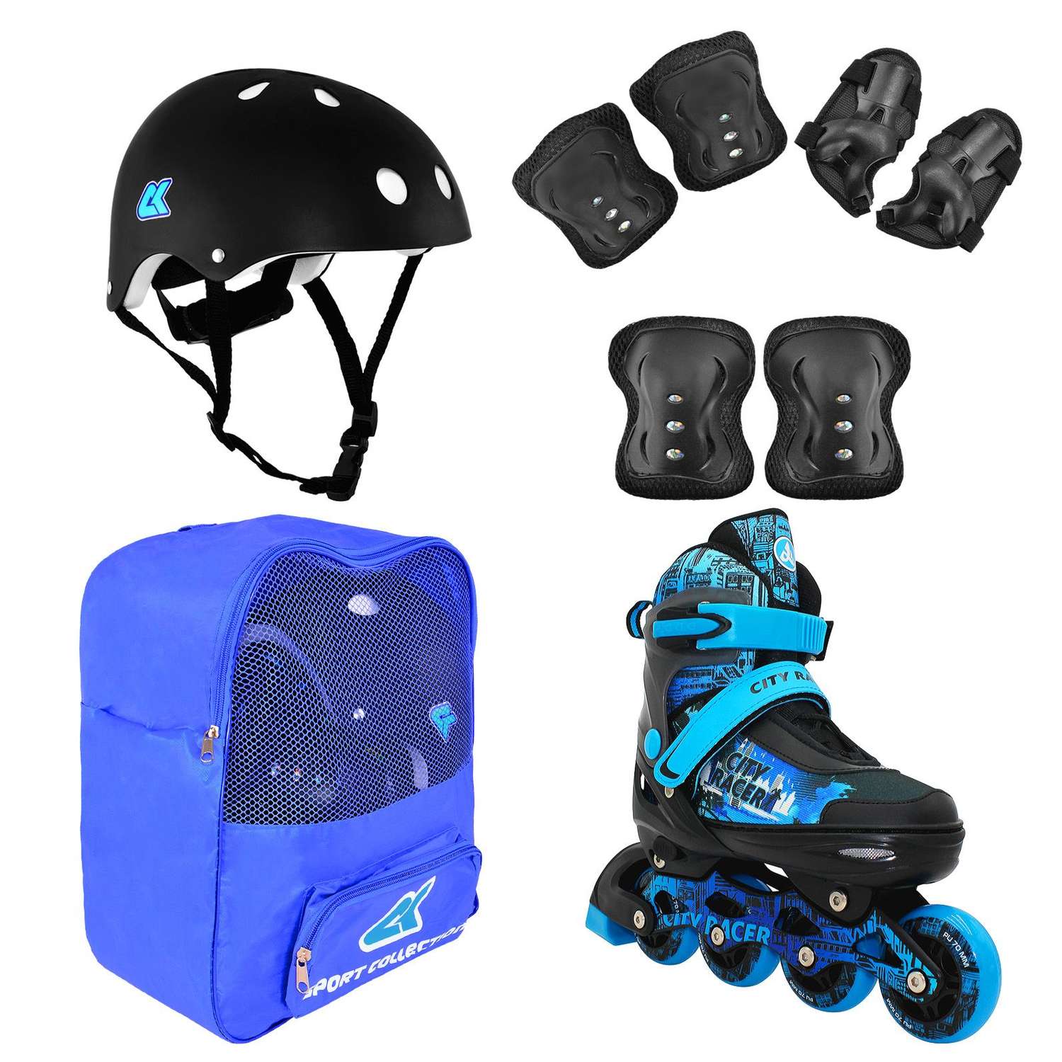 Набор роликовые коньки Sport Collection раздвижные Set City Racer Blue шлем и набор защиты в сумке размер M 33-36 - фото 1