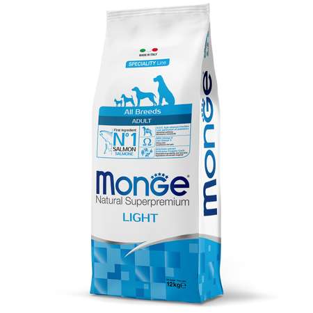 Корм для собак Monge 12кг Dog Speciality Line Light взрослых всех пород низкокалорийный лосось с рисом