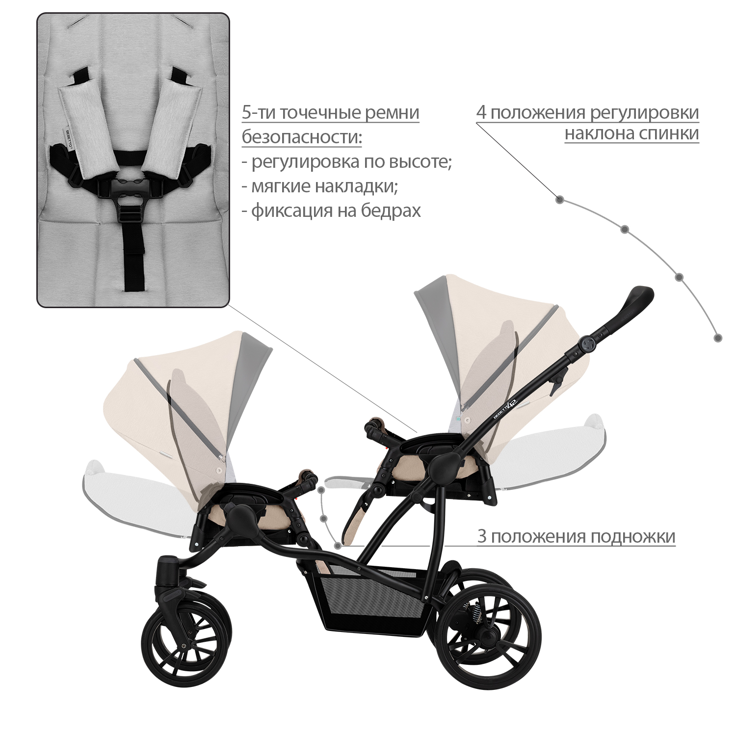 Коляска прогулочная для двойни Bebetto 42 Sport Comfort 01 шасси Черное - фото 3