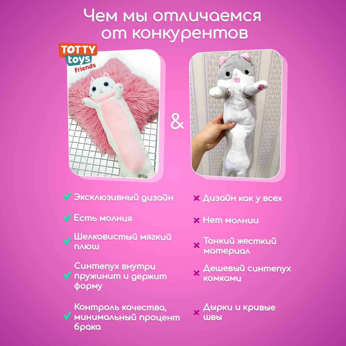 Мягкая игрушка подушка TOTTY TOYS длинный Кот батон Киссандра белый 50 см - фото 12