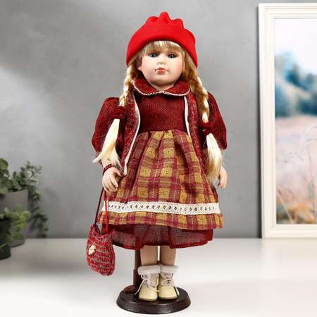Кукла коллекционная Зимнее волшебство керамика «Марина в бордовом платье в клетку» 40 см
