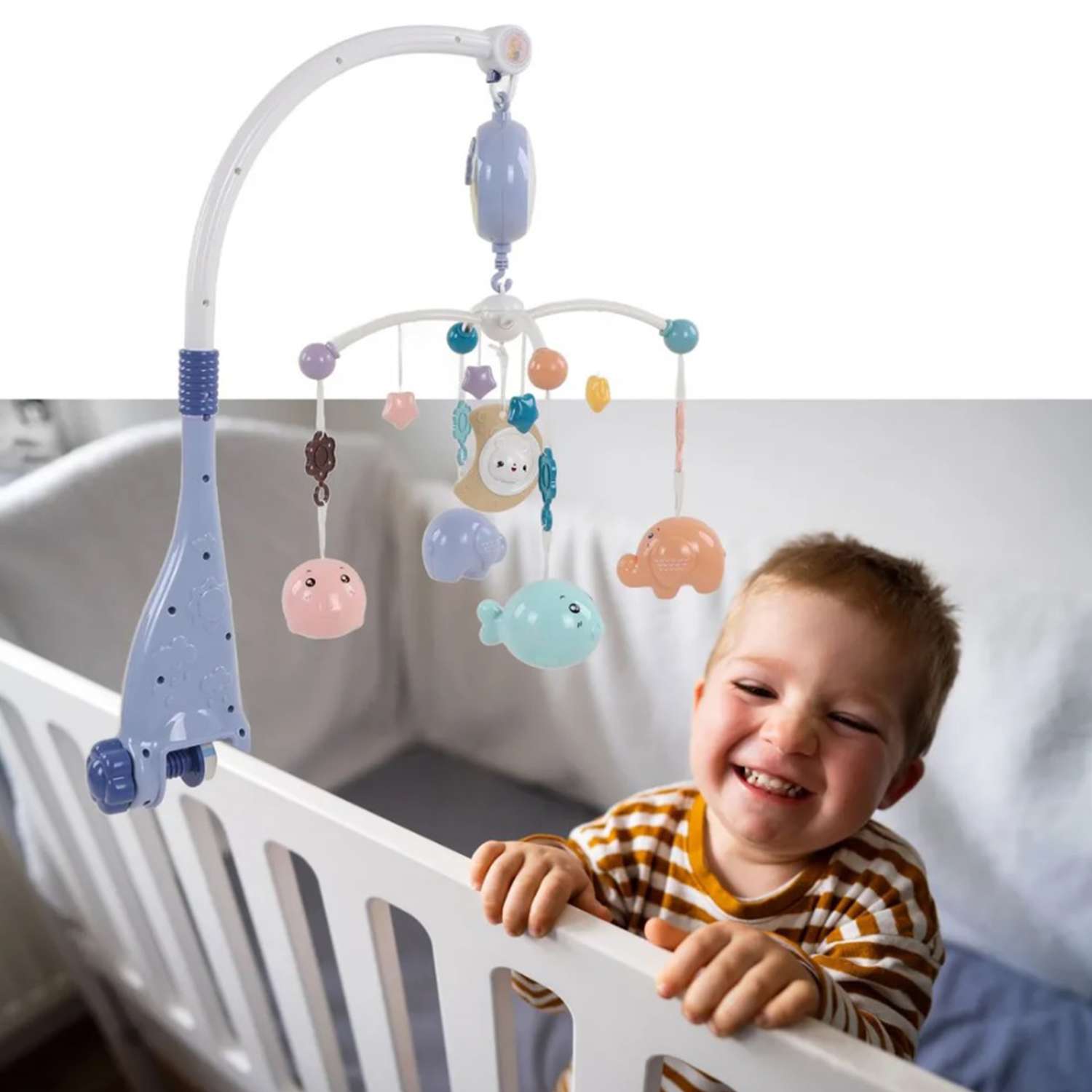 Мобиль синий рыбки и слоник ТОТОША с проектором и пультом в кроватку для новорожденных - фото 2