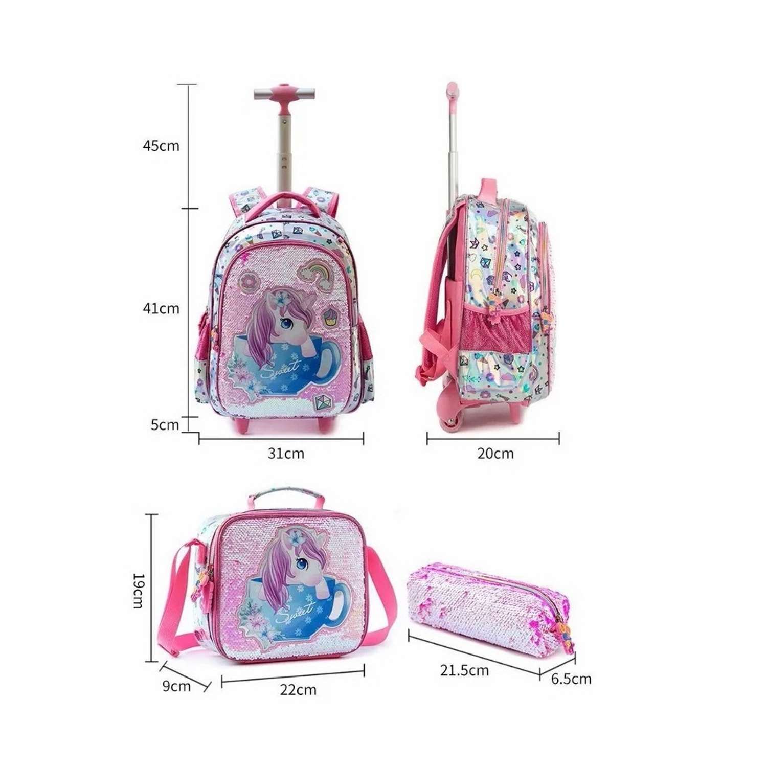 Рюкзак на колесах Jasminestar розовый Единорожка с наполнением сумка+пенал - фото 4