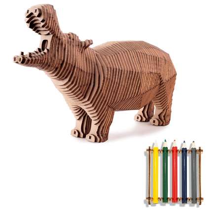 Деревянный конструктор Uniwood Бегемот с набором карандашей