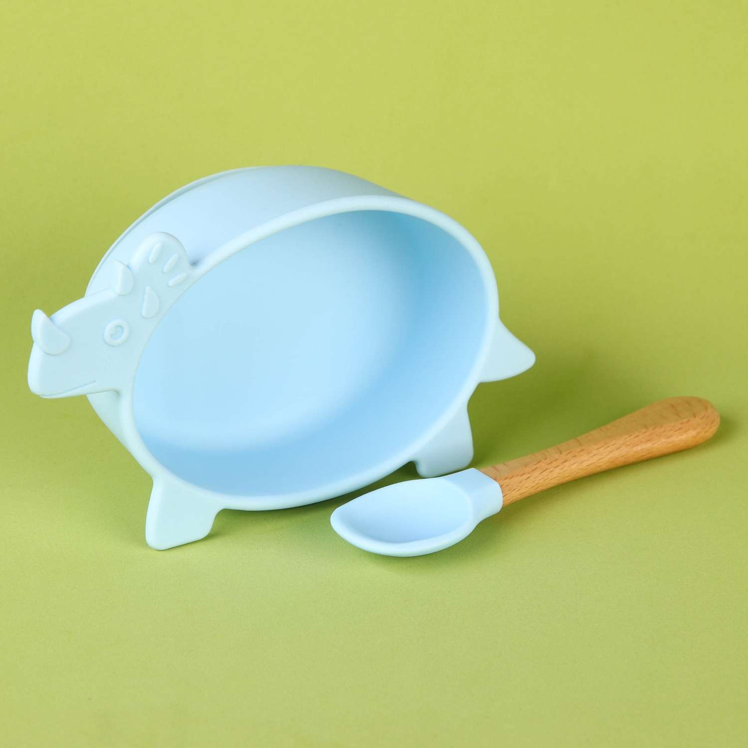 Набор детской посуды Mum and Baby для кормления из силикона «Динозаврик» миска на присоске ложка цвет голубой - фото 6