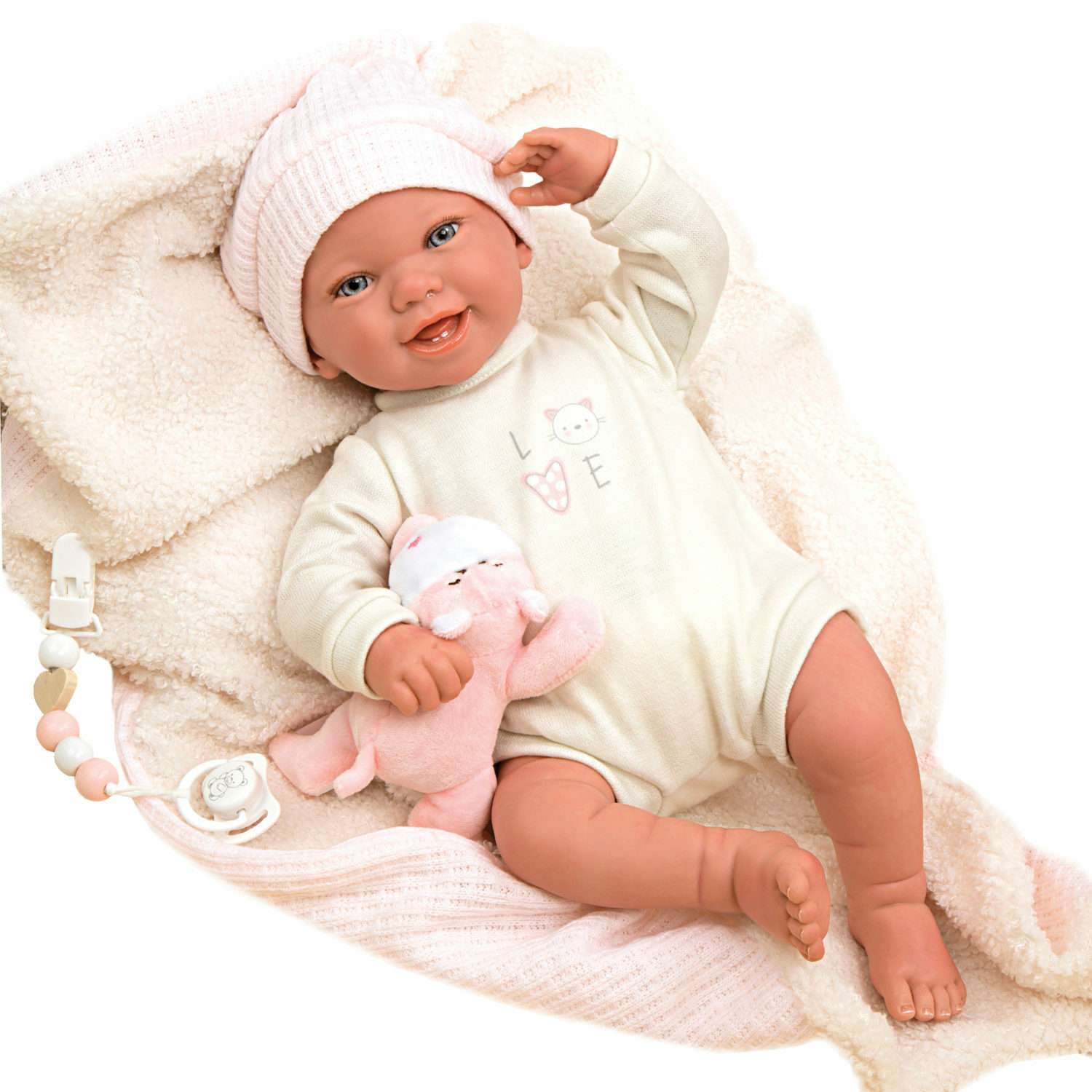 Пупс Arias Reborn Viviane мягкий новорожденный в белой одежде с соской с одеялом и игрушкой 40 см Т24490 - фото 2