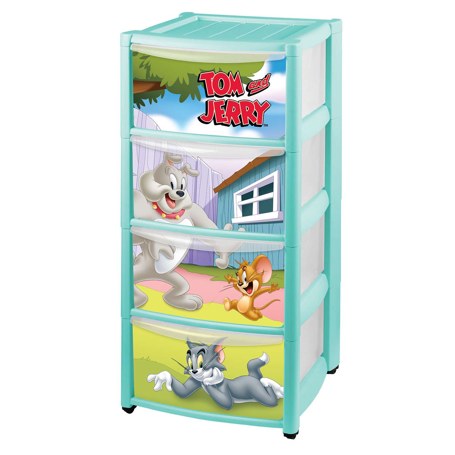 Комод Пластишка Tom and Jerry на колесах 4 ящика с аппликацией Бирюзовый - фото 1