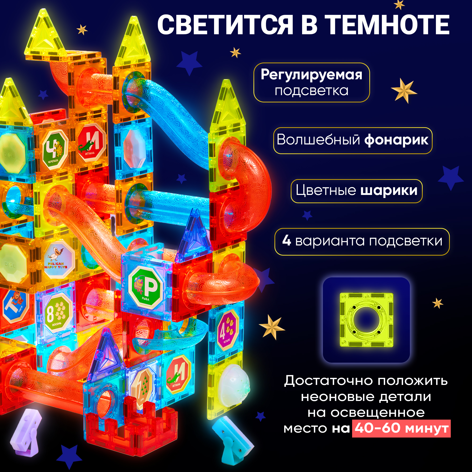 Конструктор Магнитный Большой PELICAN HAPPY TOYS Светящийся для девочек и мальчиков неоновый 325 деталей - фото 2