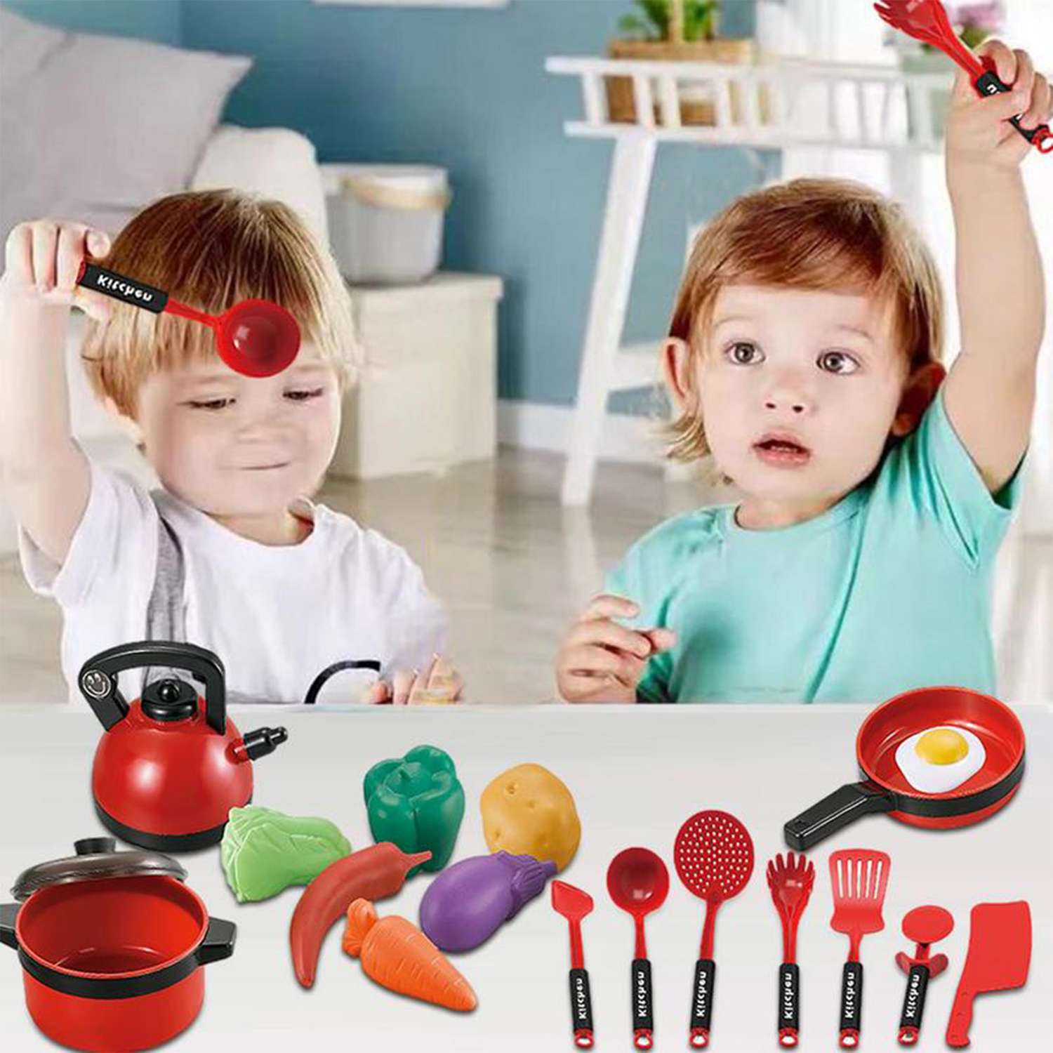 Детский игровой набор SHARKTOYS игрушечной посуды для куклы 18 предметов красный - фото 2