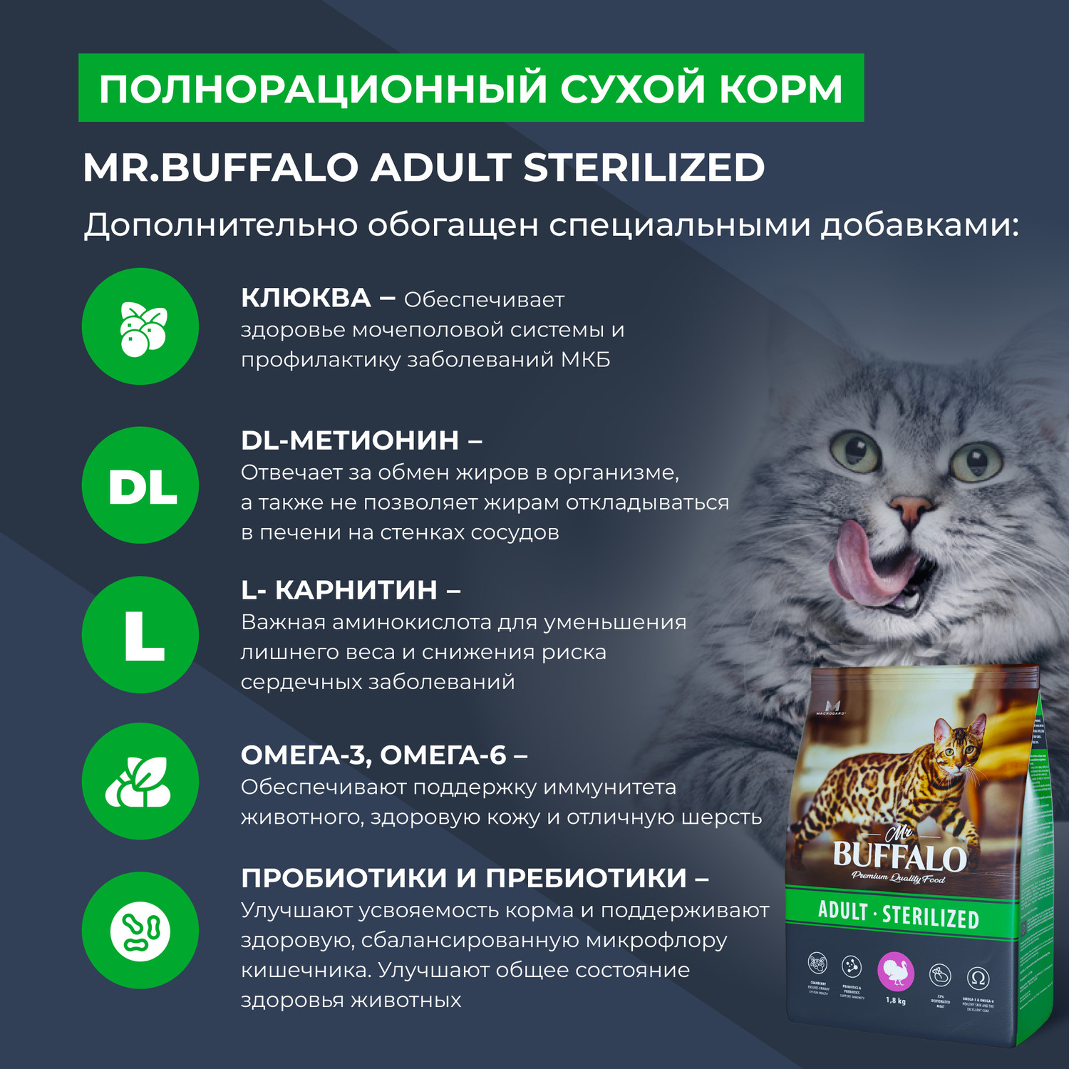 Корм для кошек Mr.Buffalo Castrated стерилизованных с индейкой сухой 1.8кг - фото 4