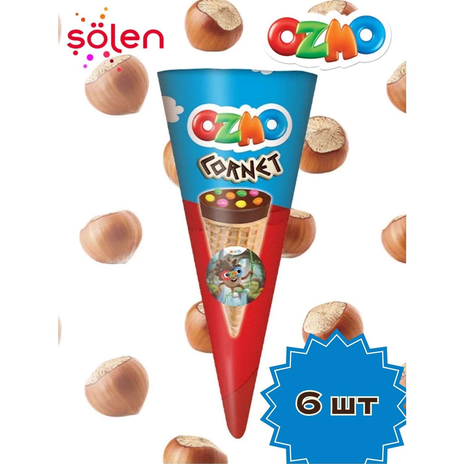 Рожок Solen Ozmo Cornet с кремом из фундука с молочным шоколадом и конфетами-драже 8 шт. - фото 1