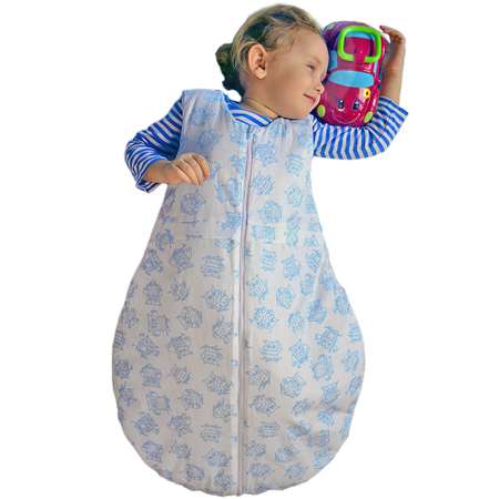 Одеяло-спальный мешок голубой Засыпашки Утепленный Совы 80 см. Хлопок 100%