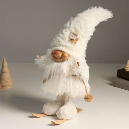 Кукла интерьерная Зимнее волшебство «Гном в белом зимней одежде на лыжах» 42 5 см