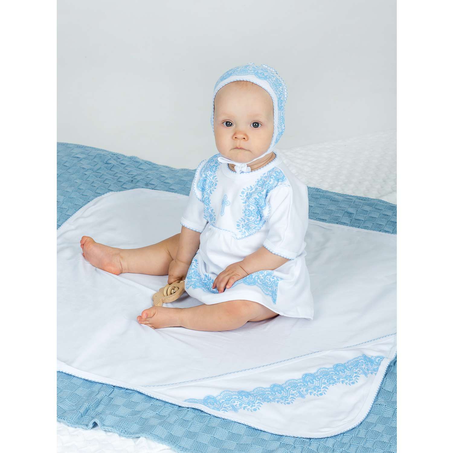 Крестильный набор KiMMi Baby Кб-1308081 белый-голубой - фото 1