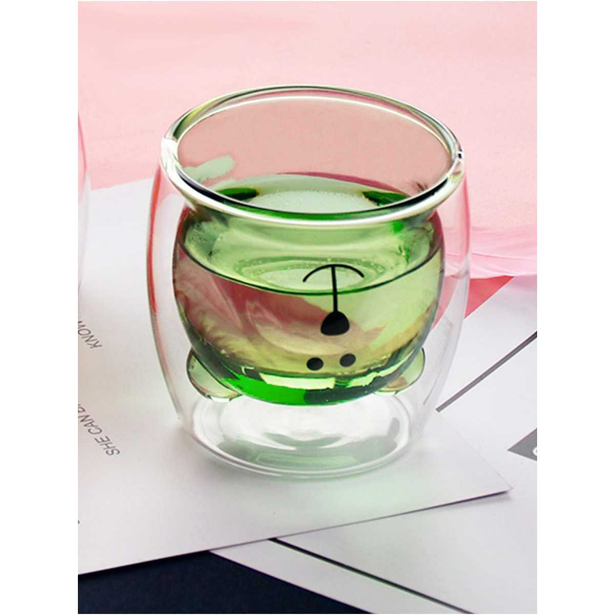 Стеклянный стакан KIMBERLY с двойными стенками зеленый мишка 250 мл - фото 2